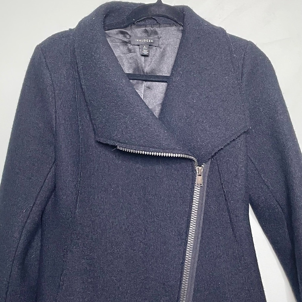 Halogen Wool Coat Jacket Mid Length‎ Asymmetrical Zip Black Petite Warm Winter S - Picture 3 of 13